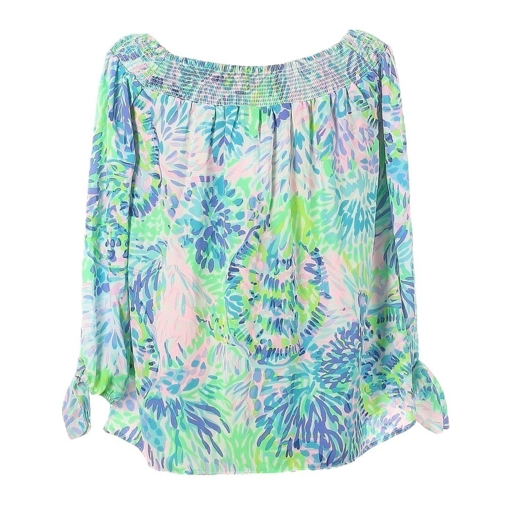 Lilly Pulitzer Off Shoulder Blouse XS Blue Green Colorful Summer Blakely Print
